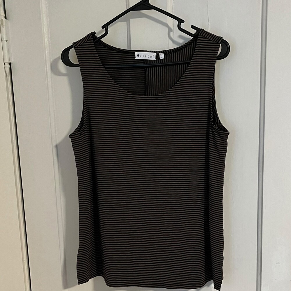 Habitat Brown Black Stripe Sleeveless Boho Tunic Tank Top Soft Rayon S Loose Fit
